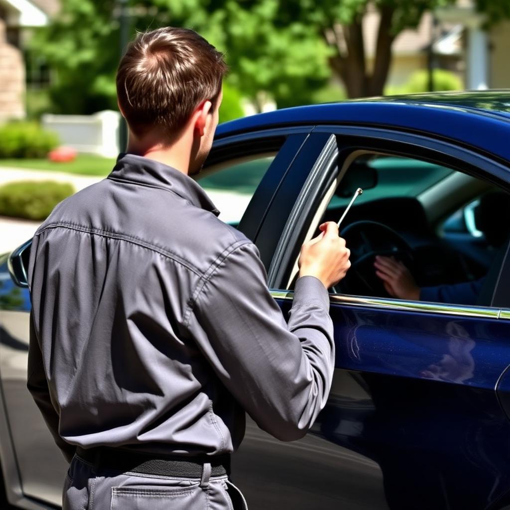 Locksmith unlocking a car in a driveway