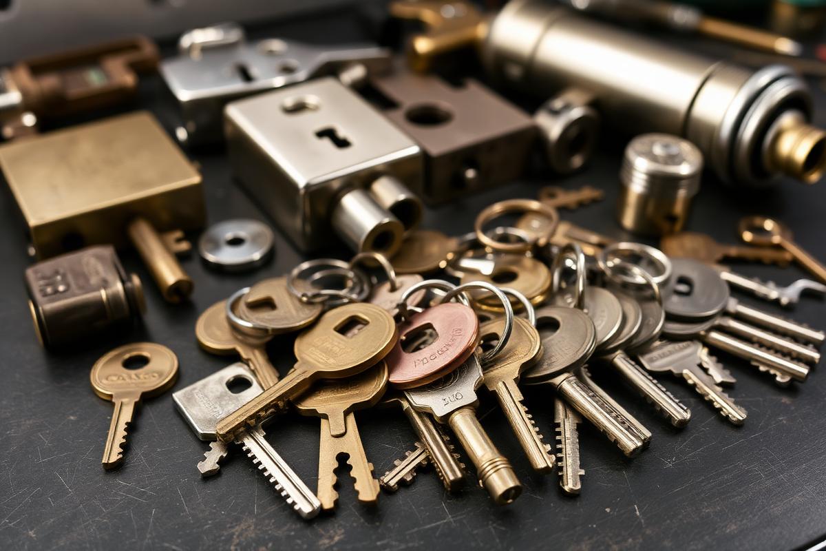 Assorted keys and lock cylinders on a workbench